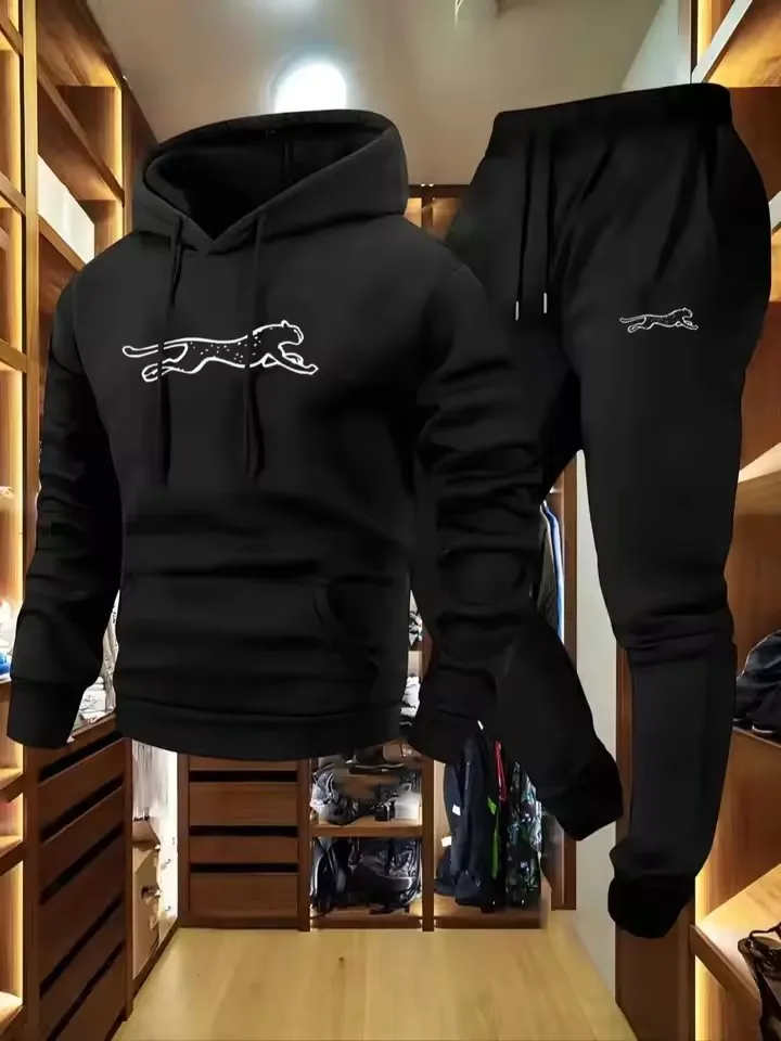 Men's hooded sweatshirt and sweatpants set casual long-sleeved geometric print hooded style pocket comfortable Streetwear style