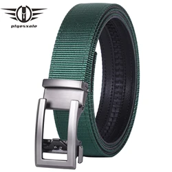 Plyesxale Brand Nylon Leather Belt For Men Green Beige Mens Ratchet Automatic Belts Formal Dress Belt Man Luxury Top Quality B81