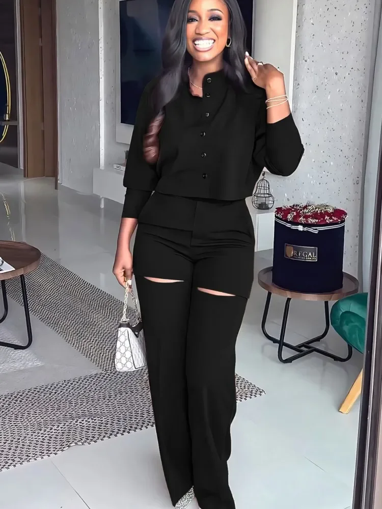 ผู้หญิงแนวโน้มยืนคอ 2 ชิ้นชุดเสื้อแขนยาวชุดกางเกงชุดเสื้อกางเกงขากว้างกางเกงชุดลําลอง