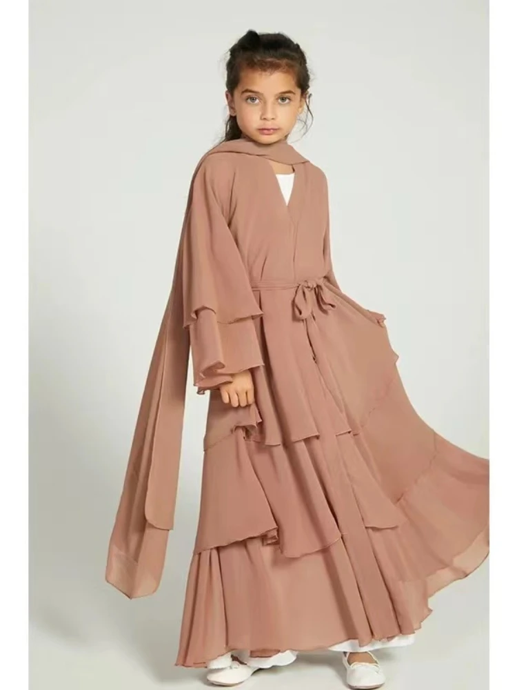 Ramadan Eid Muslim Sweet Girl Abaya Chiffon 3 Layers Cake Dress Kids Abayas Dubai Arabic Islam Abayas Children Robe Cardigan