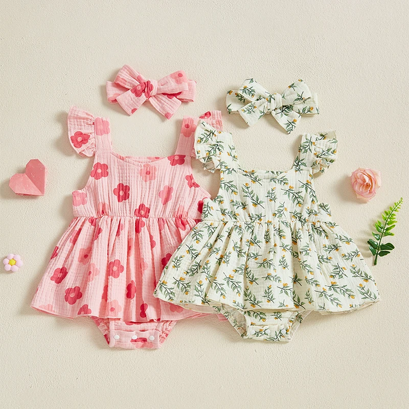 

0-18M Summer Newborn Infant Baby Girls Romper Dress Flying Sleeve Floral Print Princess Clothing Jumpsuits Headband Set