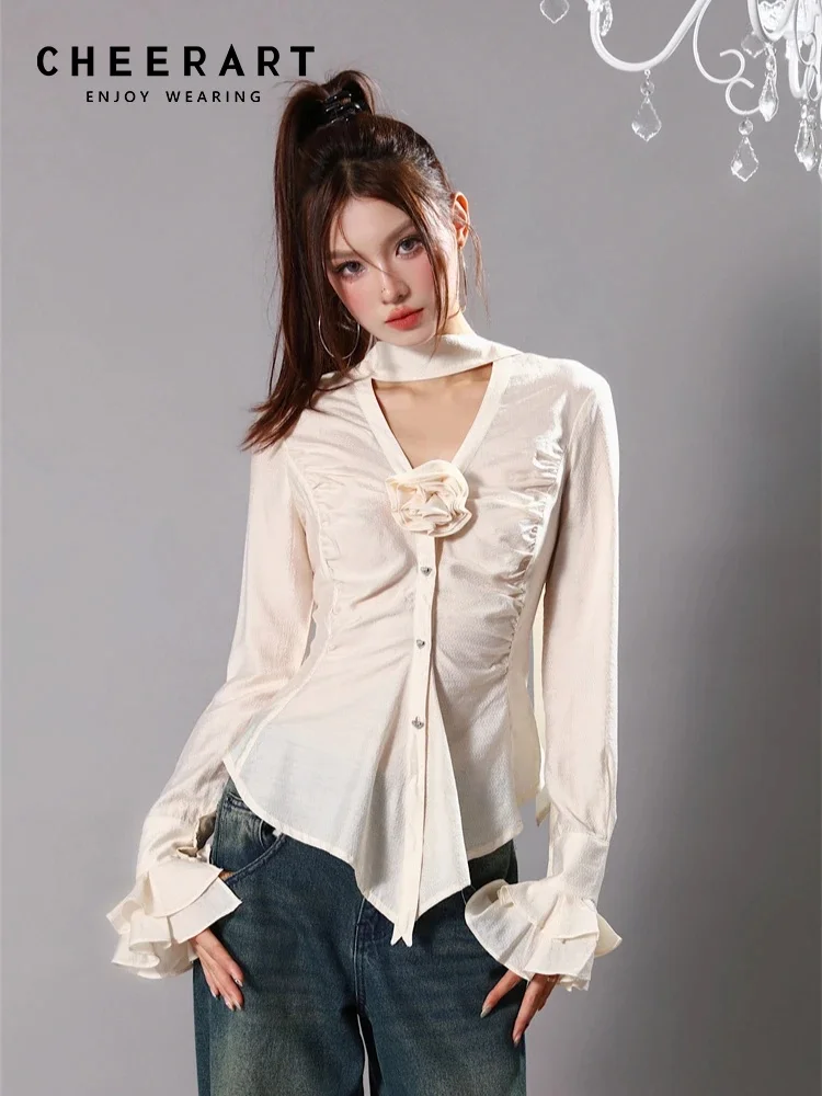 CHEERART Designer Long Sleeve Bandage Button Up Shirt V Neck Applique Beige Flare Sleeve Top Fall 2023 Fashion Women Clothing