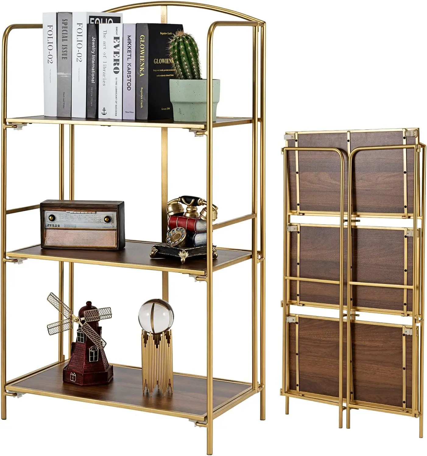 

Crofy No Assembly Folding Bookshelf, 3 Tier Gold Bookshelf, Metal Book Shelf for Storage, Folding Bookcase for Office Organizati