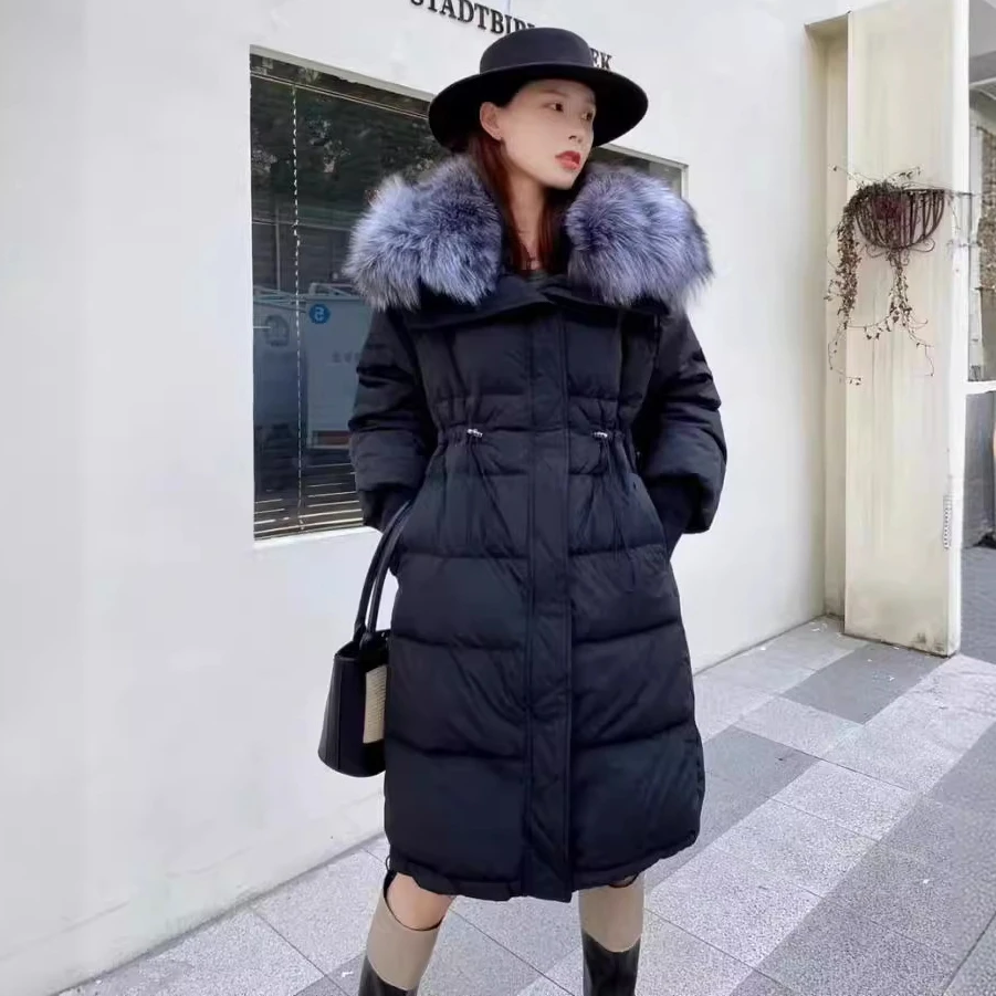 

2024 Autumn and Winter Long Fashionable Warm Silver Fox Fur Collar Spliced 90% Goose Down Down Jacket Women's Waisted Jacket