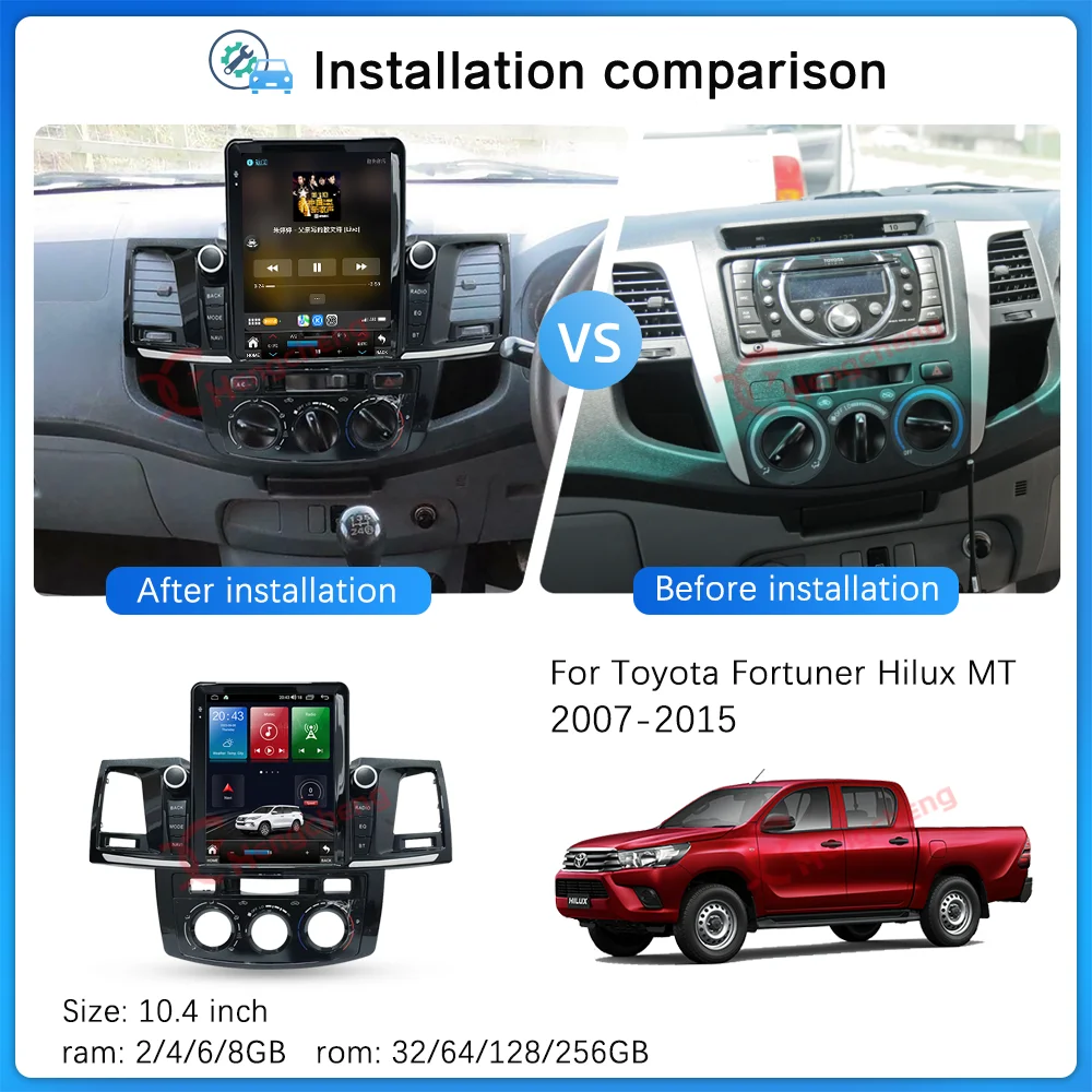 10.4inch Android12 For Toyota Fortuner Hilux MT 2007-2015 Car Multimedia Video Player GPS Navigation 8Core Carplay 4G 360Camera