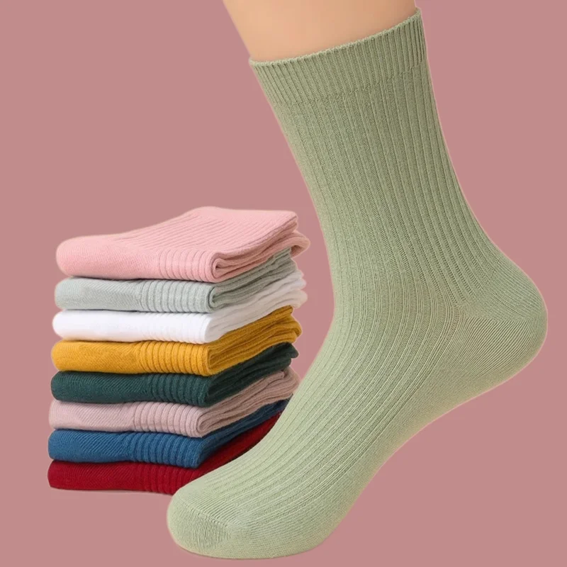 5/10 Pairs High Quality Solid Color Plus Thickened Mid-tube Women's Socks No Fading Warm Casual Mid-length Waist Pile Socks