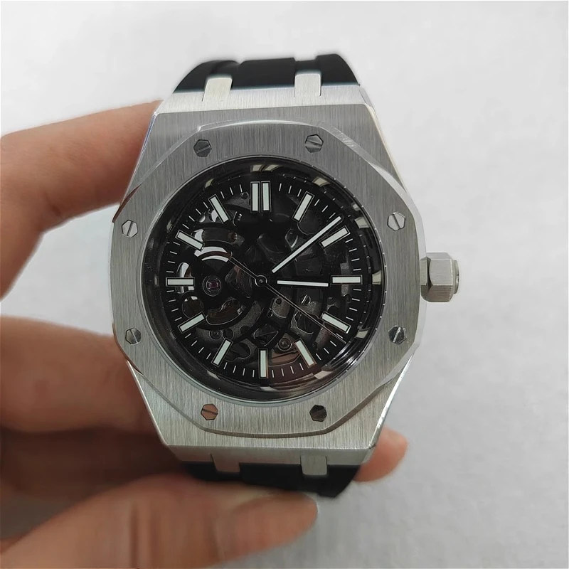 Men's mechanical watch 41mm stainless steel case Hollowed out dial Rubber strap NH70 movement