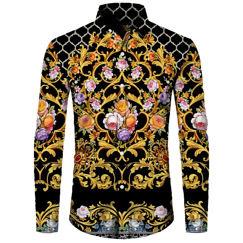 Golden Flower Pattern Print Men\'s Shirts Casual Single-Breasted Cardigan Long Sleeve Shirt Fashion Trend Tops Men Clothing