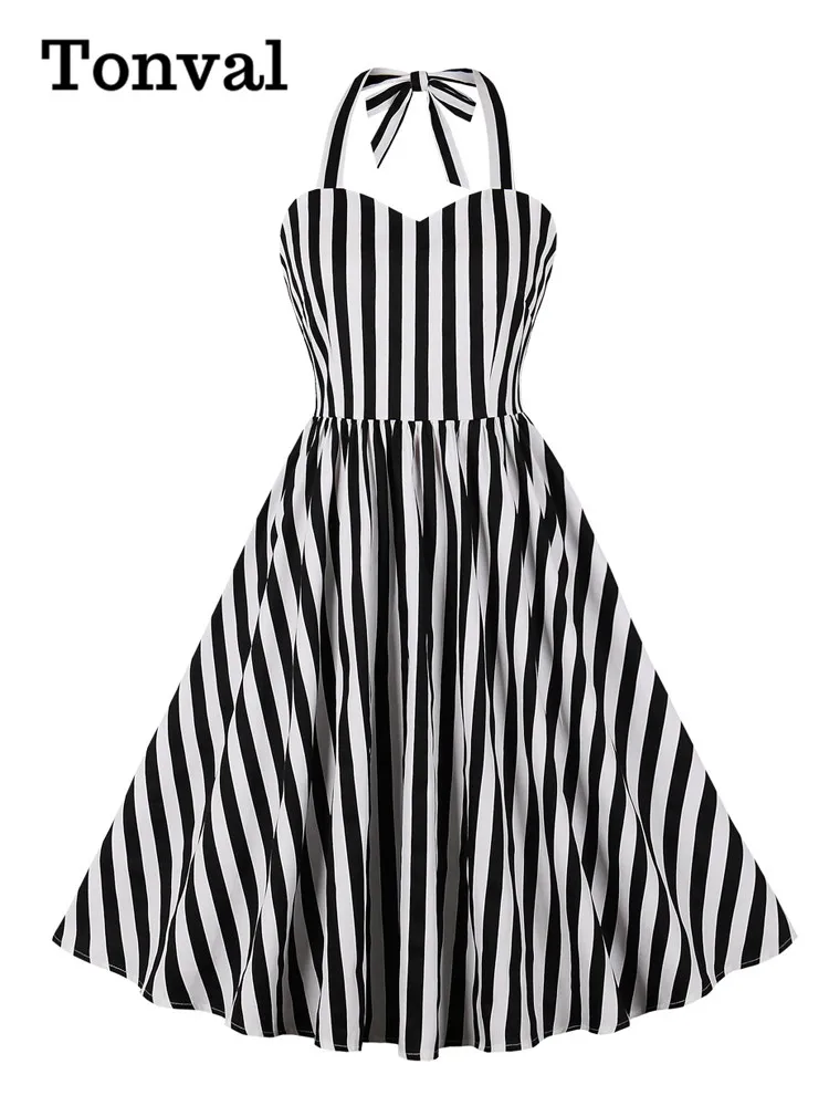 

Tonval Black and White Striped Women Evening Party Vintage Dresses Halter Sweetheart Neck Pleated Cotton Backless Dress