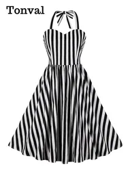 Tonval Black and White Striped Women Evening Party Vintage Dresses Halter Sweetheart Neck Pleated Cotton Backless Dress