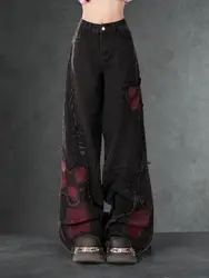 Women Jeans Pants American Butterfly Patchwork Dyed Denim Jeans For Women Plus Size Design High Waisted Drape Straight Leg