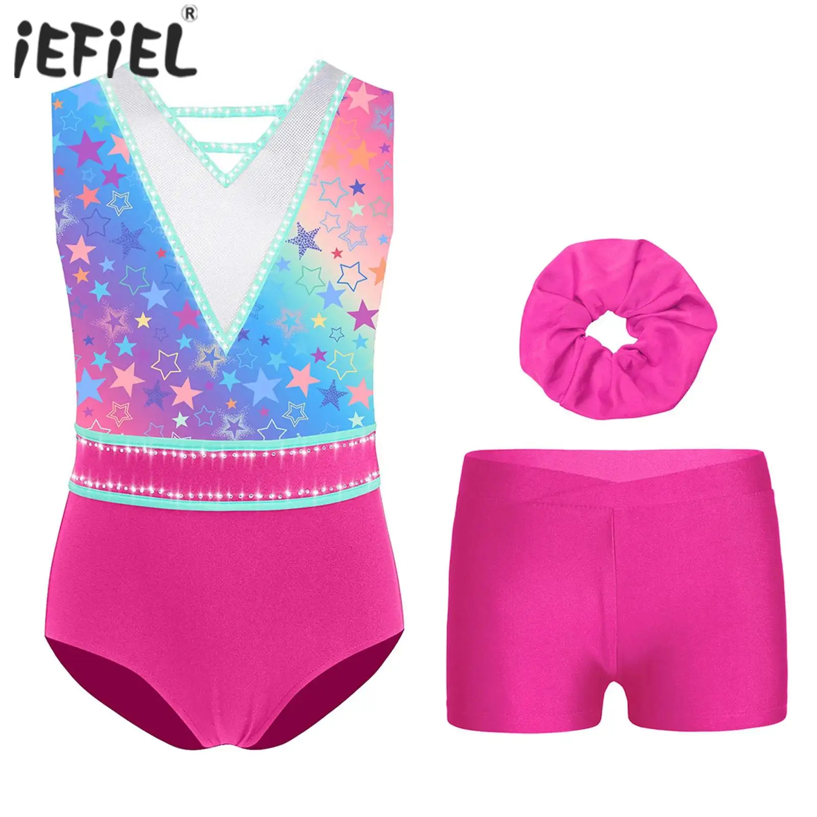 Kids Girls Ballet Dance Sets Gymnastics Outfit U-Back Sleeveless Rhinestone Stylish Printed Leotard with Shorts and Hairband