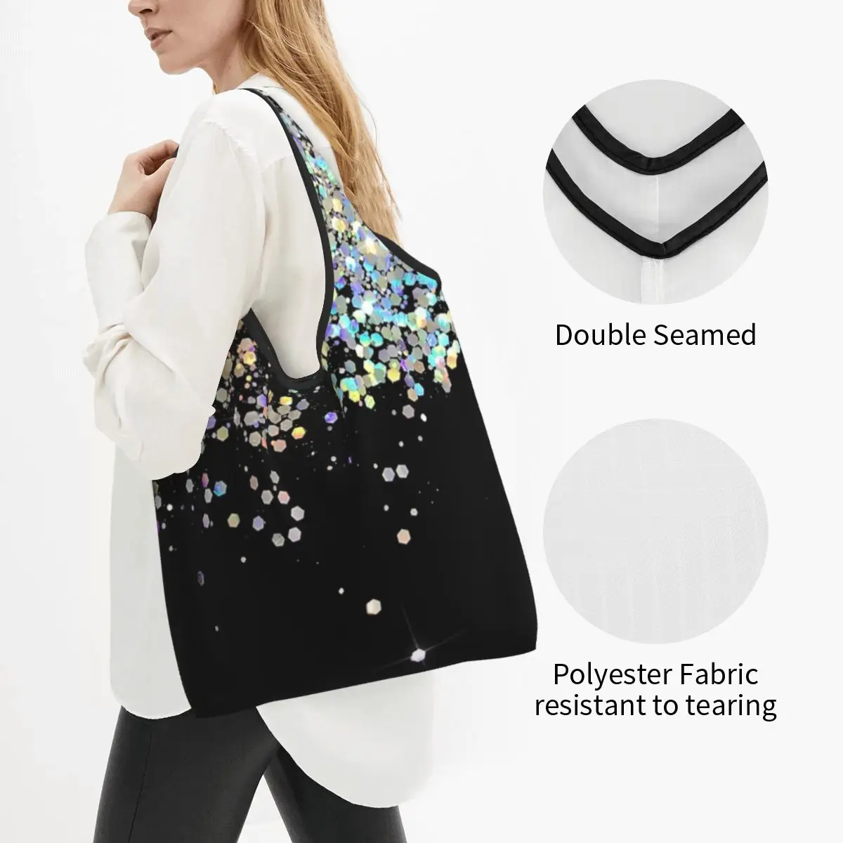 Black And Holographic Sparkle Portable Tote Shopping Bags Reusable Shopper Bag Grocery Handbag Shoulder Bag