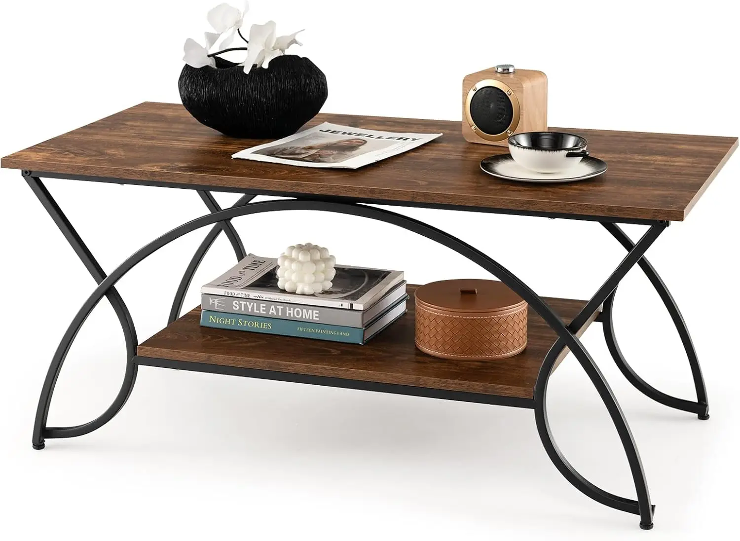 

2-Tier Coffee Table, Industrial Wood Accent Table with Storage Shelf and Black Finished Metal Frame, Chic Rectangular Side End