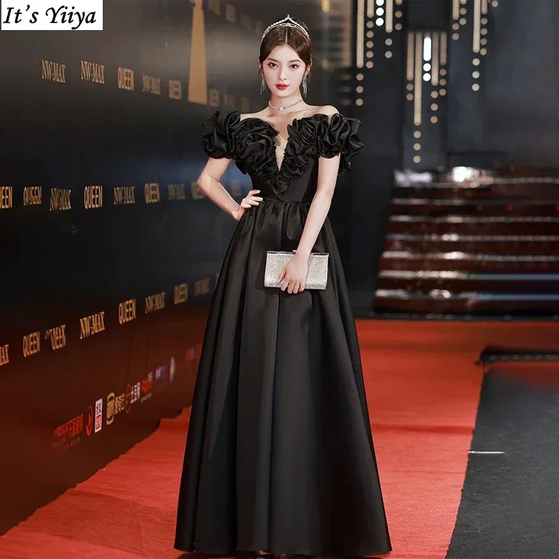 

It's Yiiya Evening Dress Black Satin Off the Shoulder Pleat Short Sleeve Lace Up Floor Length A-Line Plus size Formal Party Gown