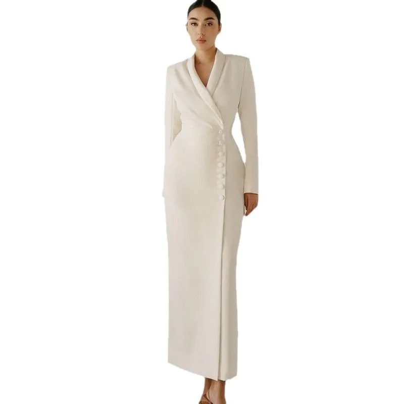 فستان بدلة، نمط أزرار نسائي بلون سادة وأكمام طويلة، أنيق وعصري للتنقل، منتج ربيعي جديد