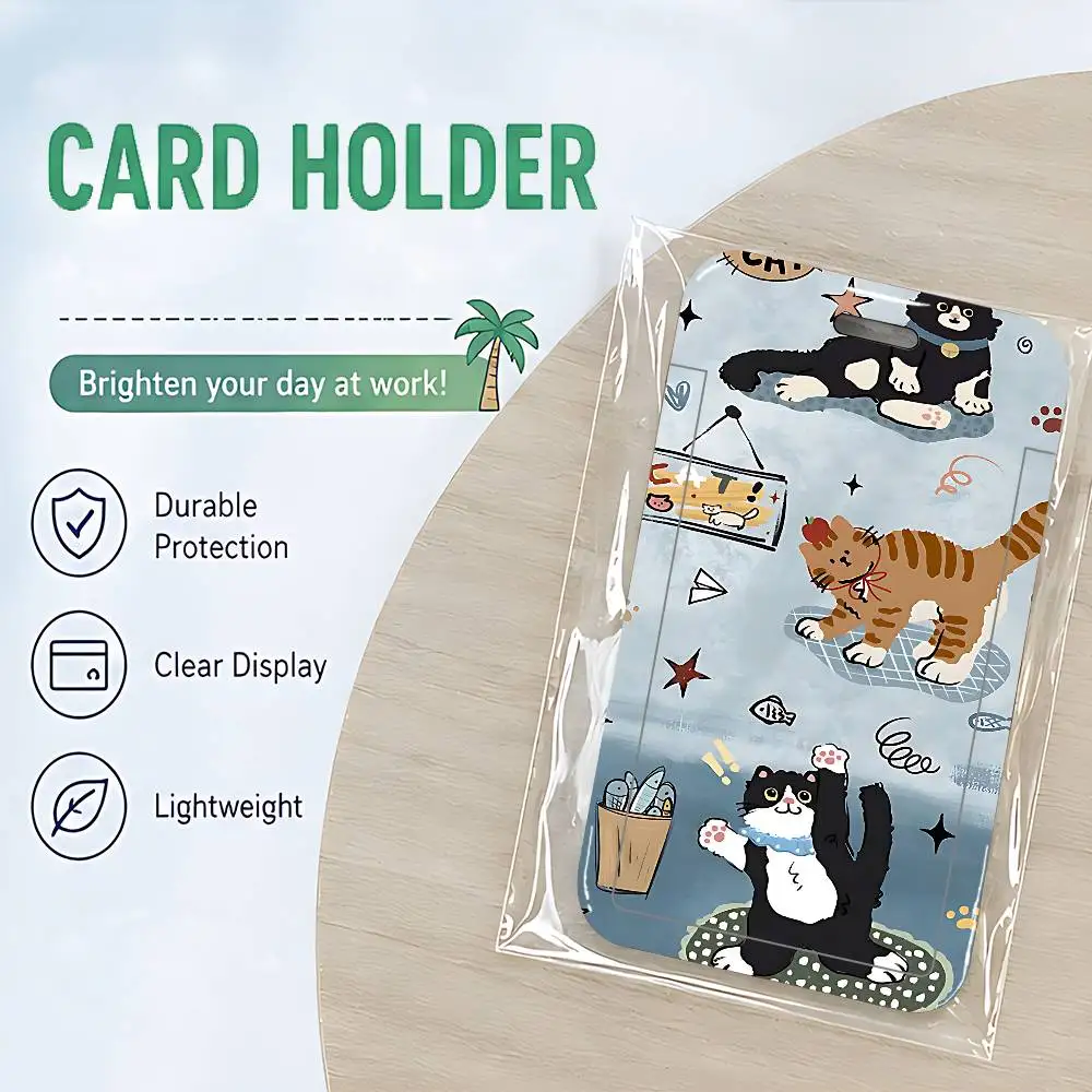 Funny Cartoon Black Cats ID Card Holder Cute Badge Holder PVC Card Cover With Clear Window For Student Office Bus Card