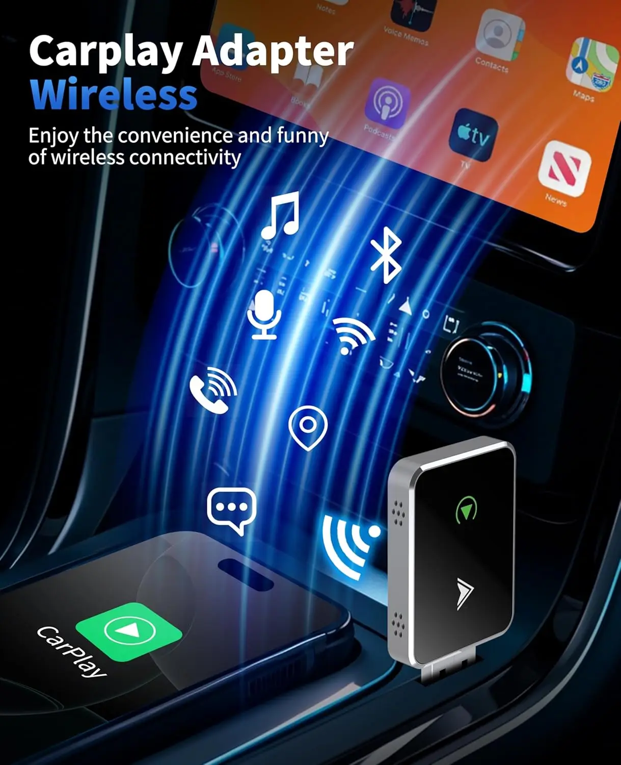 Adaptateur CarPlay sans fil, mise à jour de l'adaptateur Android Auto 2025, taille Mini 5.4x2.8x1cm, Conversion de câble USB et USB-C/Type C, prise