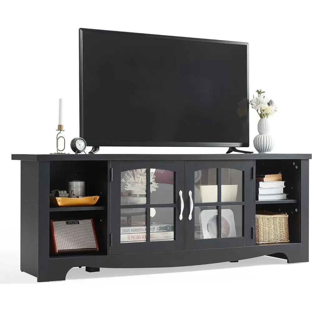 

65 Inch TV Stand, Wooden Entertainment Center with Glass Door and Adjustable Shelves for Living Room or Bedroom, Black