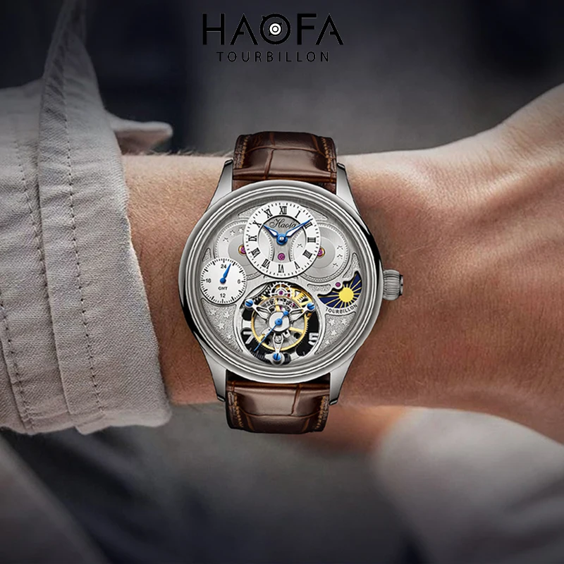 Haofa Luxury Flying Tourbillon Mens Watch GMT Manual Mechanical Watch for Men Sapphire Day And Night Waterproof Casual 1036-1