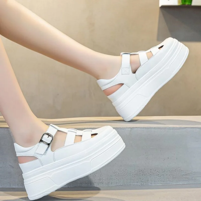 8.5cm Hollow Full Cow Genuine Leather Women Summer Shoes Platform Sneakers Wedge Hidden Heel Women Summer Sandals Platform 34-39 view 4