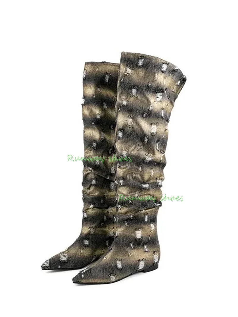 Hole Washed Denim Over-the-Knee Boots Pointed Tip Flat Wrinkle / Fold / Crease Thigh-High Boots Retro Luxury Women's Boots 2026