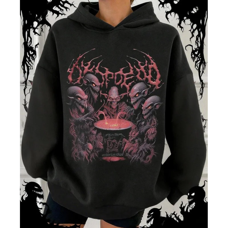 Gothic style skull print with dark design, long sleeved American street retro autumn and winter loose hoodie