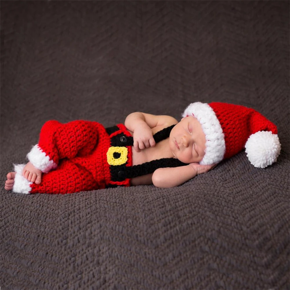 Newborn Christmas Photography Outfit Santa Costume Knit Pants Hat Set Baby Photo Props Holiday Studio Accessories Boutique