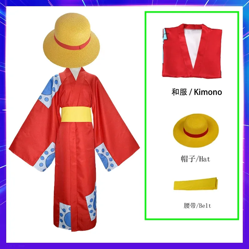 Disfraz de pirata de pieza de Anime, disfraz de mono D Luffy Wano, sombrero de arco de país, kimono, fiesta de carnaval, traje Yukata rojo para adultos, 4'b, 5;y, 8