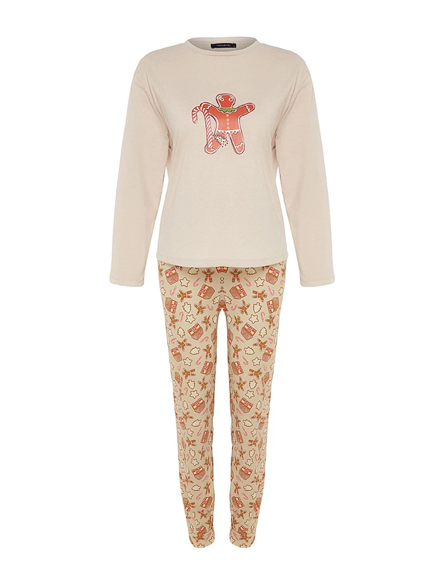 Women s 2 Piece Lounge Set Long Sleeve Candy Cane Gingerbread Man Print Tops Pants Sleepwear Sets