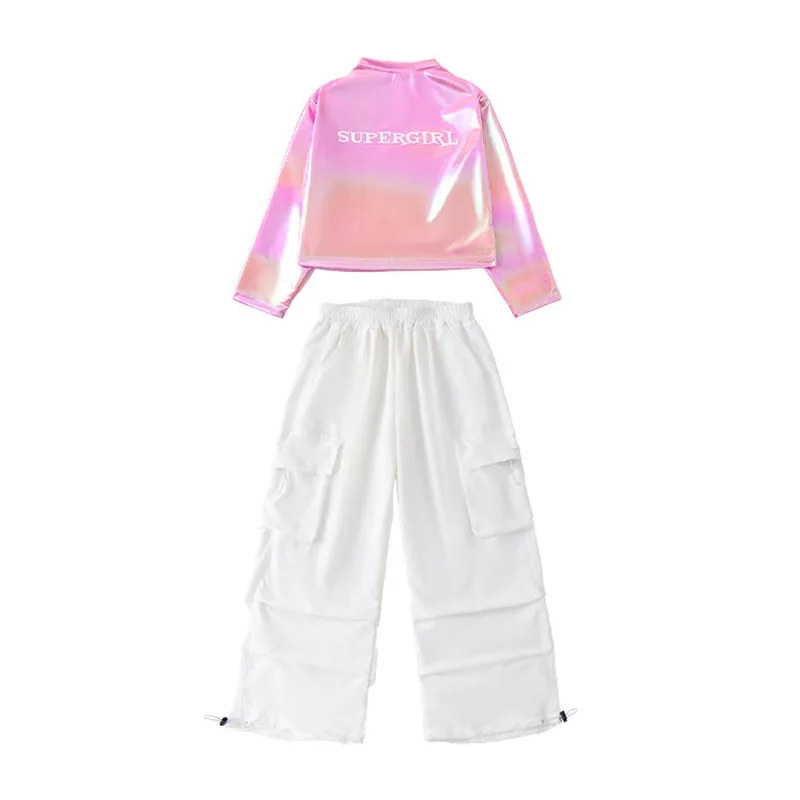 Kid Hip Hop Clothing Pink Laser Crop Top Long Sleeve T Shirt White Casual Ruched Cargo Pants for Girl Jazz Dance Costume Clothes