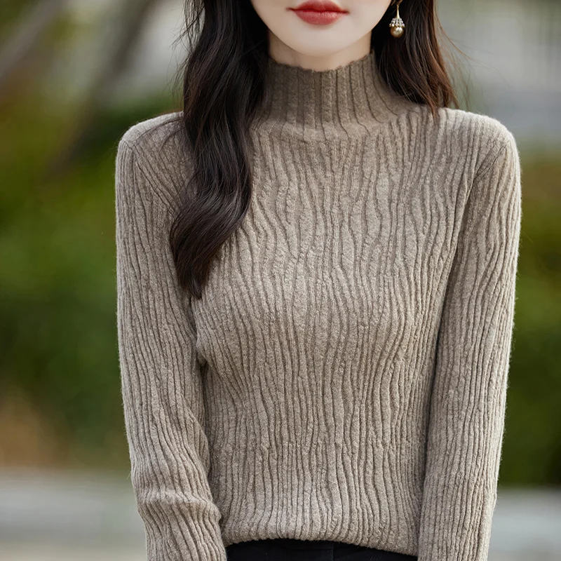 Wave striped New model Cashmere Pullover Women's knitting Fashion Wool Sweater Half high Neck Long sleeve Soft Warm Clothing Top