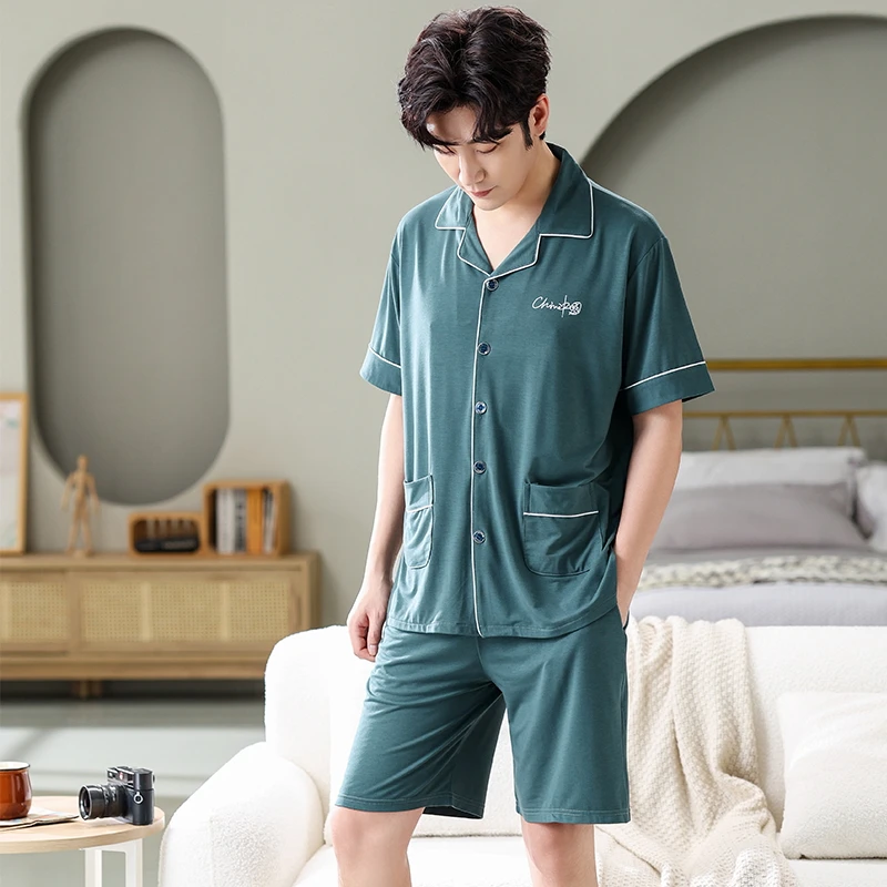 Conjunto de pijama de Cárdigan para hombre, ropa de dormir de dos piezas, pantalones cortos de manga corta, M-4XL de yardas grandes, ropa de dormir Modal