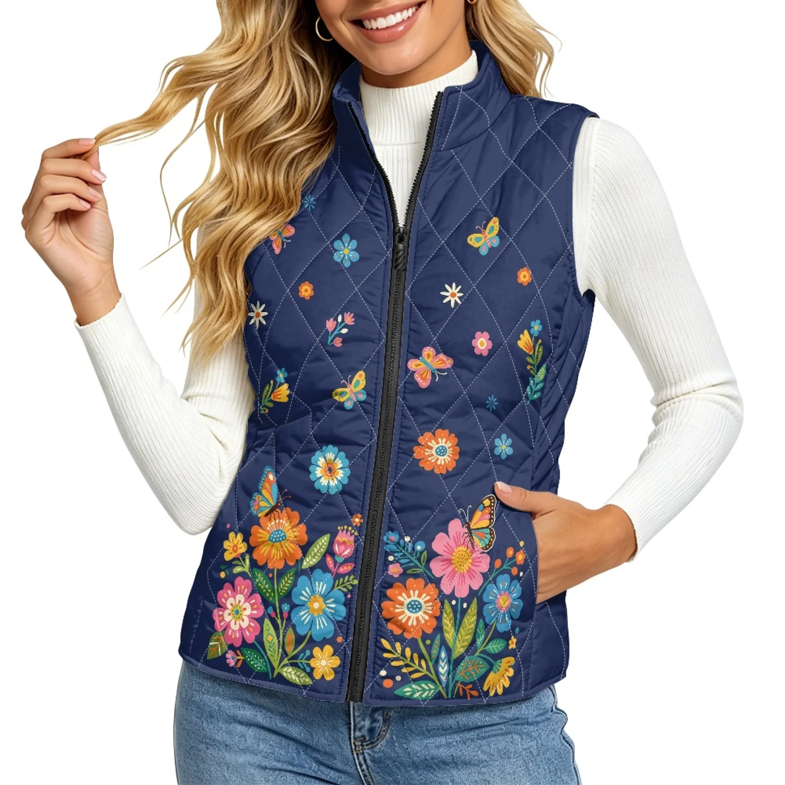 PENSTROLL Floral Butterfly Print Women's Quilted Jacket Vest with Pockets Casual Walking Gilet Layering Quilted Jacket Vest
