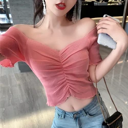 Biyaby Cropped Knitted T-Shirt Women Summer 2024 New Solid Color V Neck Tops Woman Korean Style Slim Fit Short Sleeve T Shirt