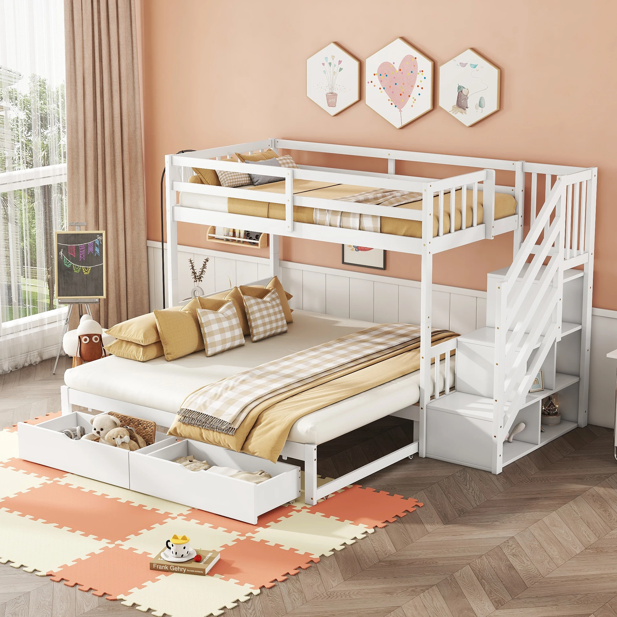 Floor bed, 90x200cm, bed with pull-out bed, bed with slatted frame, storage steps, minimalist, white