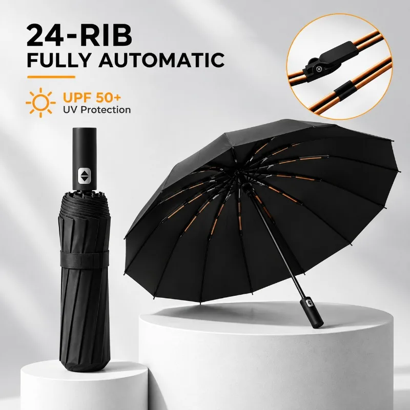 24 Ribs Automatic Folding Umbrella Windproof UV Protection UPF50 One Click Open Close Travel Rain Sun Umbrella Large Outdoor ﻿