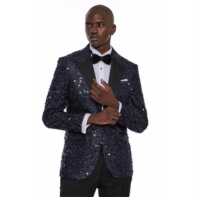 Luxury Sequins Men Suits Blazer Bridegroom 2 Pcs Coat+Pants Set Custom Made Formal Office Prom Party Jacket Wedding Tuxedos