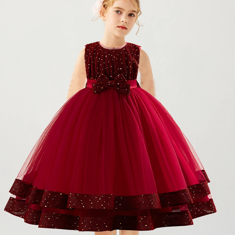 Teen Girls Sequin Shining Long Party Dress Kids Sleeveless Party Tutu Gown Girl Vintage Bow Evening Clothes Children Flash Wear