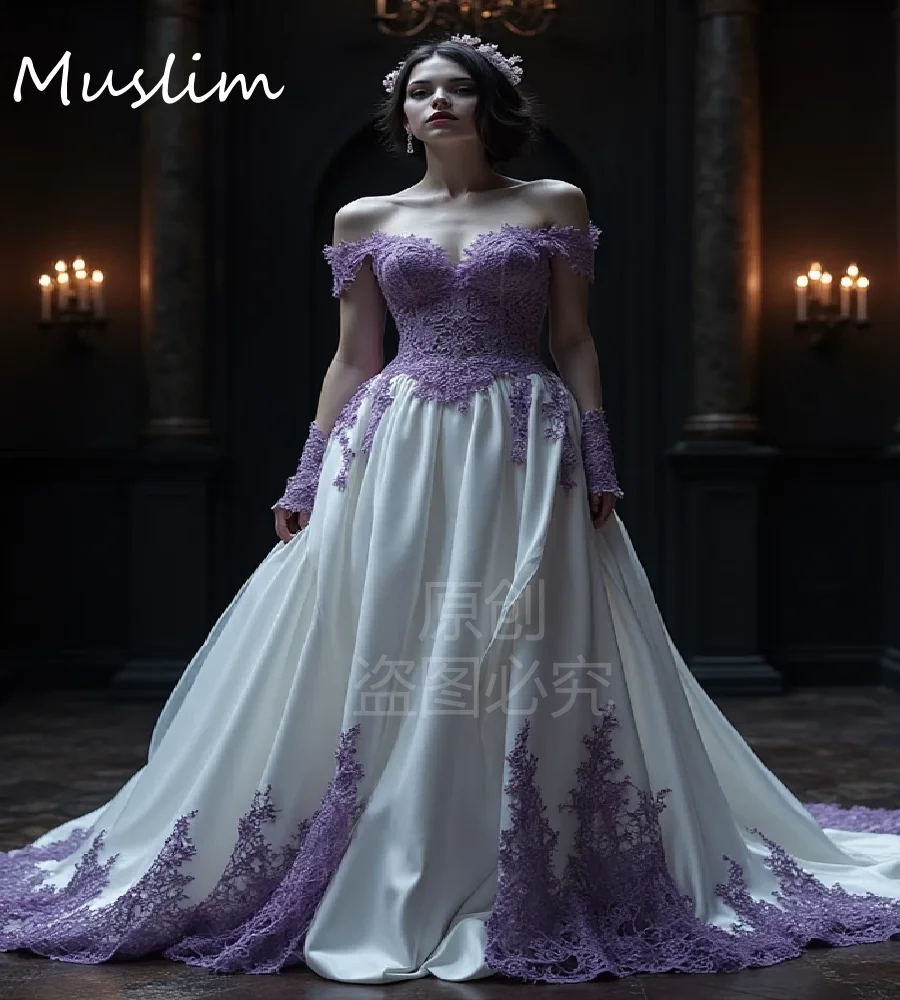 

Fairytale Lilac Gothic Wedding Dress 2026 Off Shoulders Lace Bohemian Bridal Dress Renaissance Satin Medieval Bride Dress 1950s