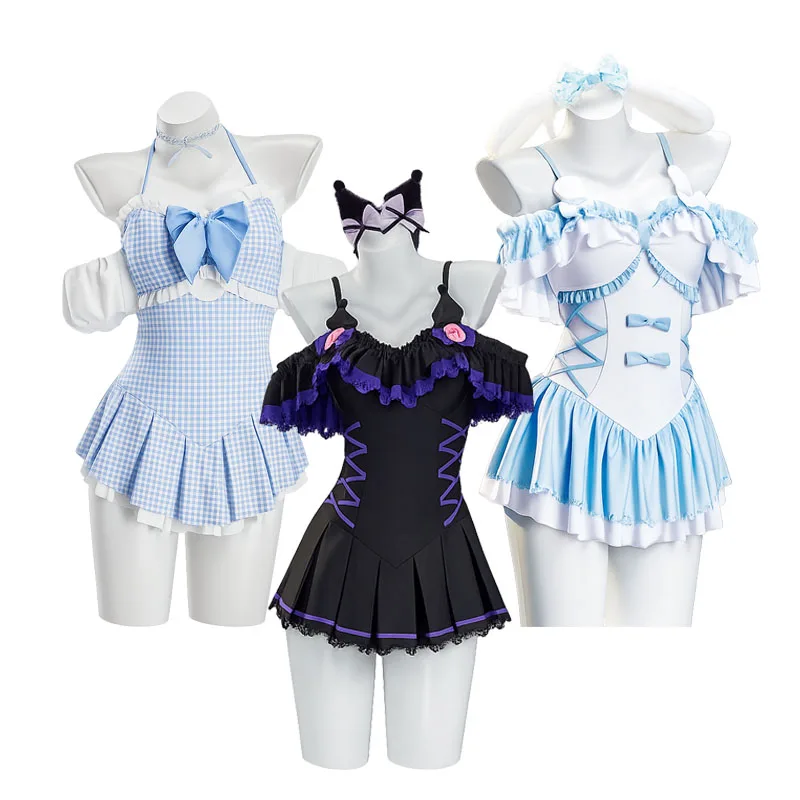 Disfraces de cosplay de anime azul y blanco, traje de baño de una pieza con volantes y orejas de conejo para mujer, cuadros azules púrpura negruzcos