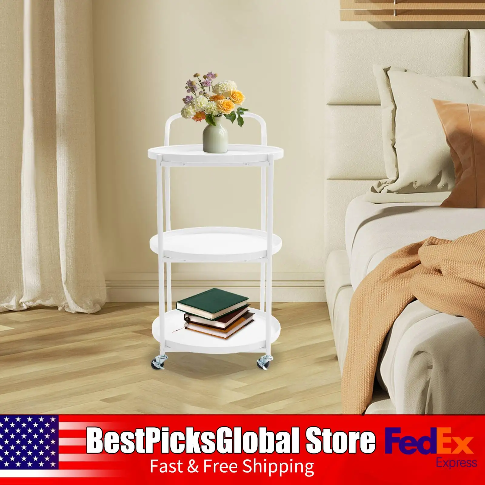 

Мобильный торцевой столик с колесами, белый, нержавеющий железный каркас, 3-х ярусная тележка на колесиках для гостиной, спальни, балкона