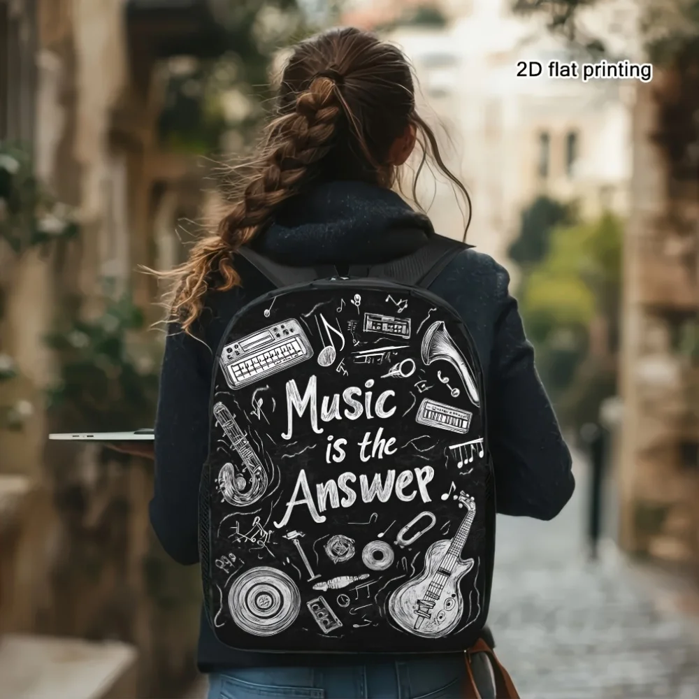 1 mochila con estampado plano 2D de Music Graffiti Rhapsody de gran capacidad, bolso de hombro de viaje negro con cierre de cremallera lavable