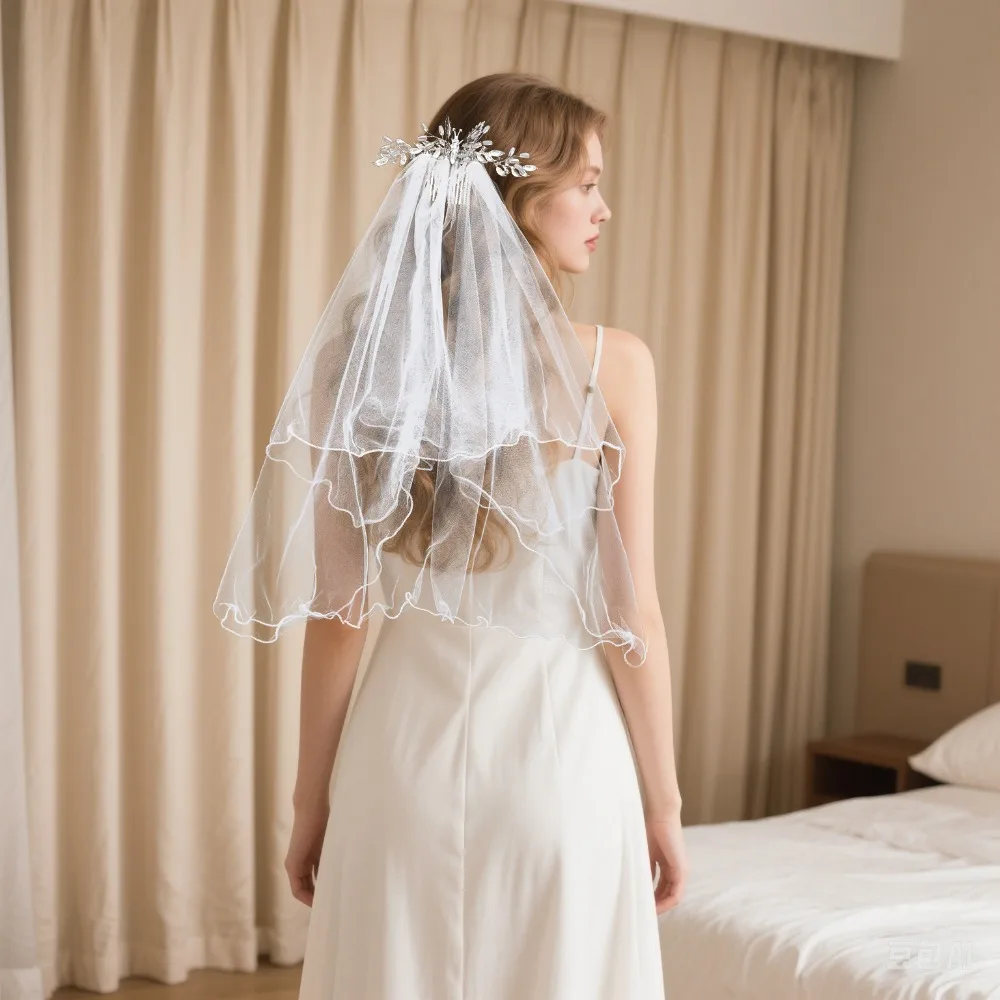 Classy Short Two Layers Wedding Veils with Beaded Bridal Veils Wedding Party Marrige Accessories