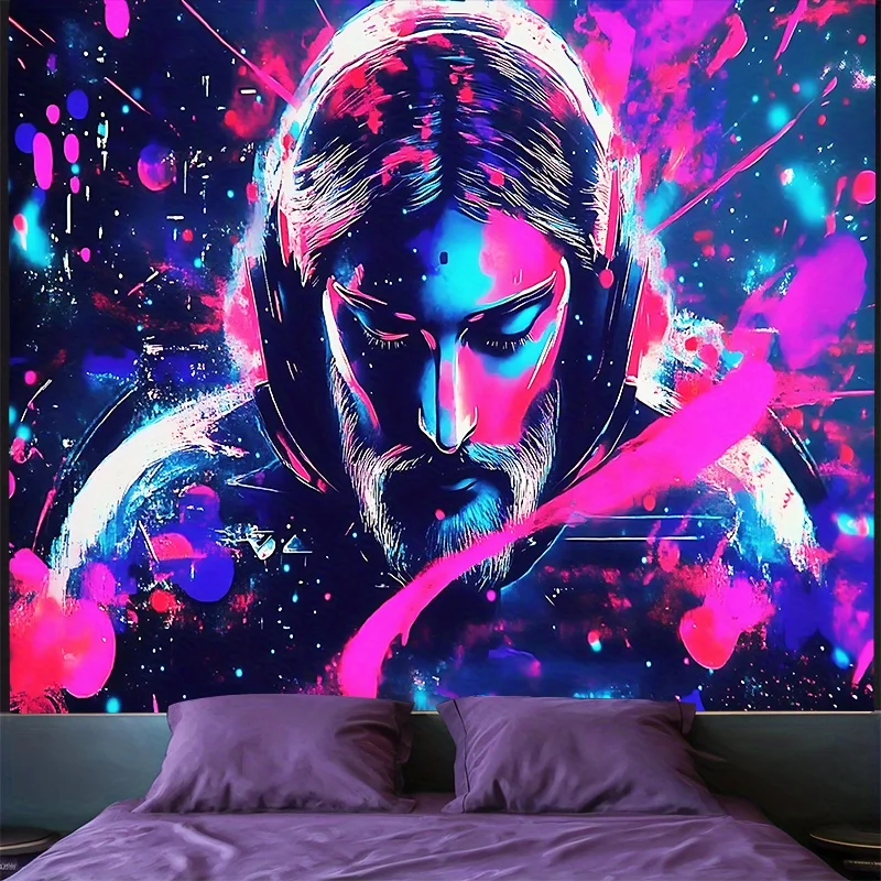 Neon DJ Tapestry, Cyberpunk Headphones Wall Hanging, Trippy Glow Art Dorm Decor, Colorful Gamer Room Blanket for Men