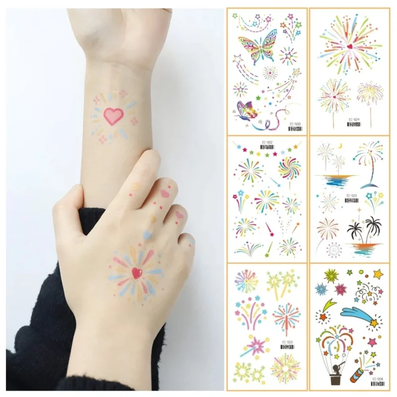 Tatouage Temporaire Coloré Arc-en-ciel de enquêter d'Artifice, Autocollants de Dessin Animé, Cœur Doux, pour Maquillage de ix, Poulet, Faux Tatouage