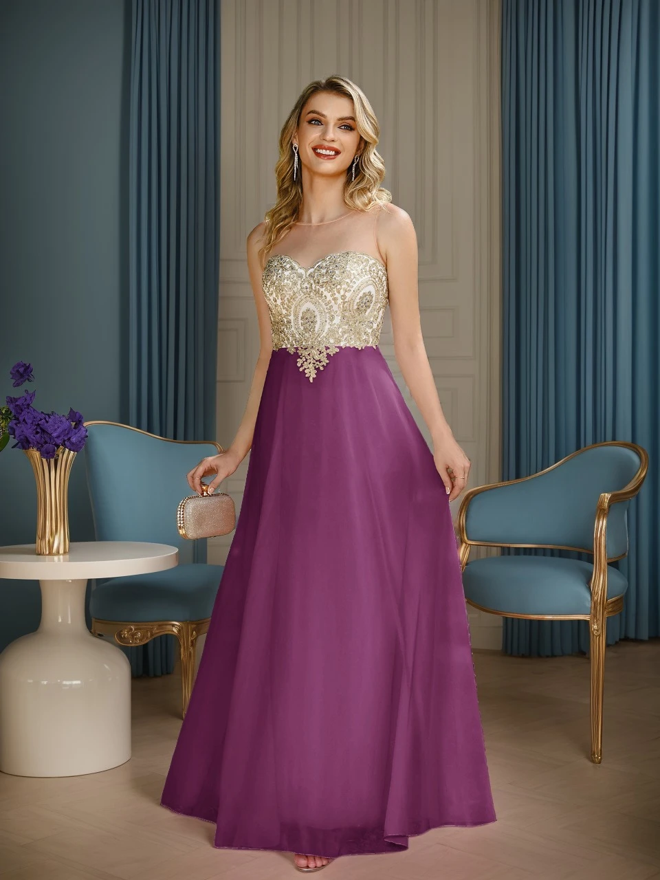 

New Sheer Evening Dress Illusion Strap Sleeveless Backless Prom Dresses Lace Applique Sweetheart Collar Chiffon Maxi Party Gowns