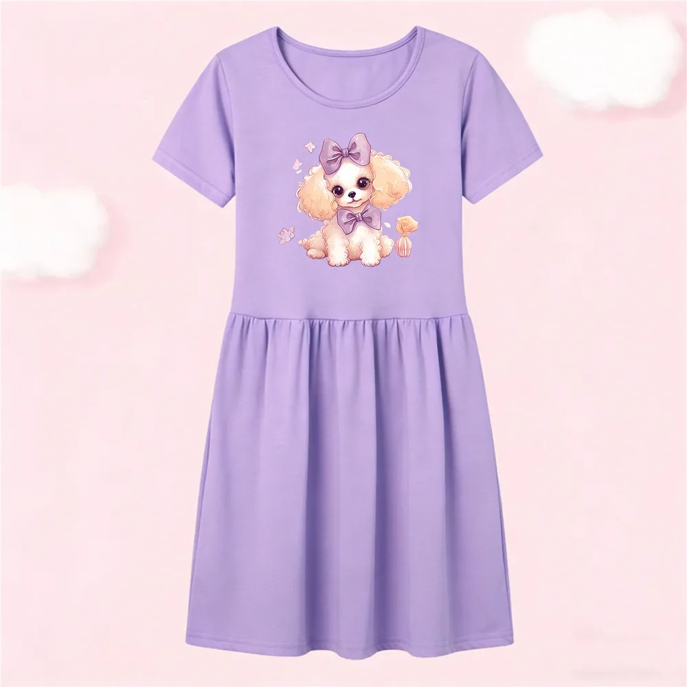 Toddler Girls Short Sleeve Cotton T-shirt Dress Cute Bow Poodle Puppy Print Round Neck Gathered Midi Dress Casual Home Clot
