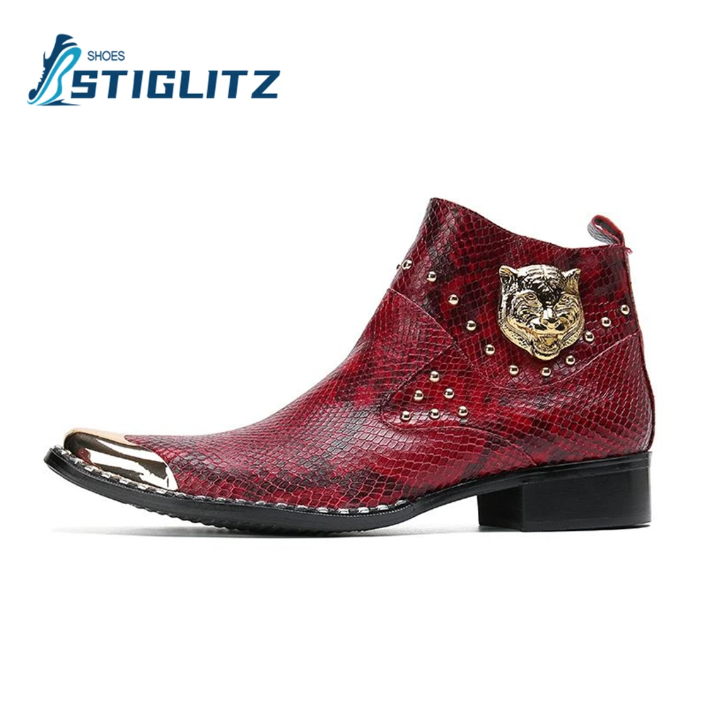 Solid Python Luxury Leather Boots Metal Iron Toe Rivets Tiger Head Fashion Men\'s Boots Men\'s Formal Genuine Leather Casual Shoes