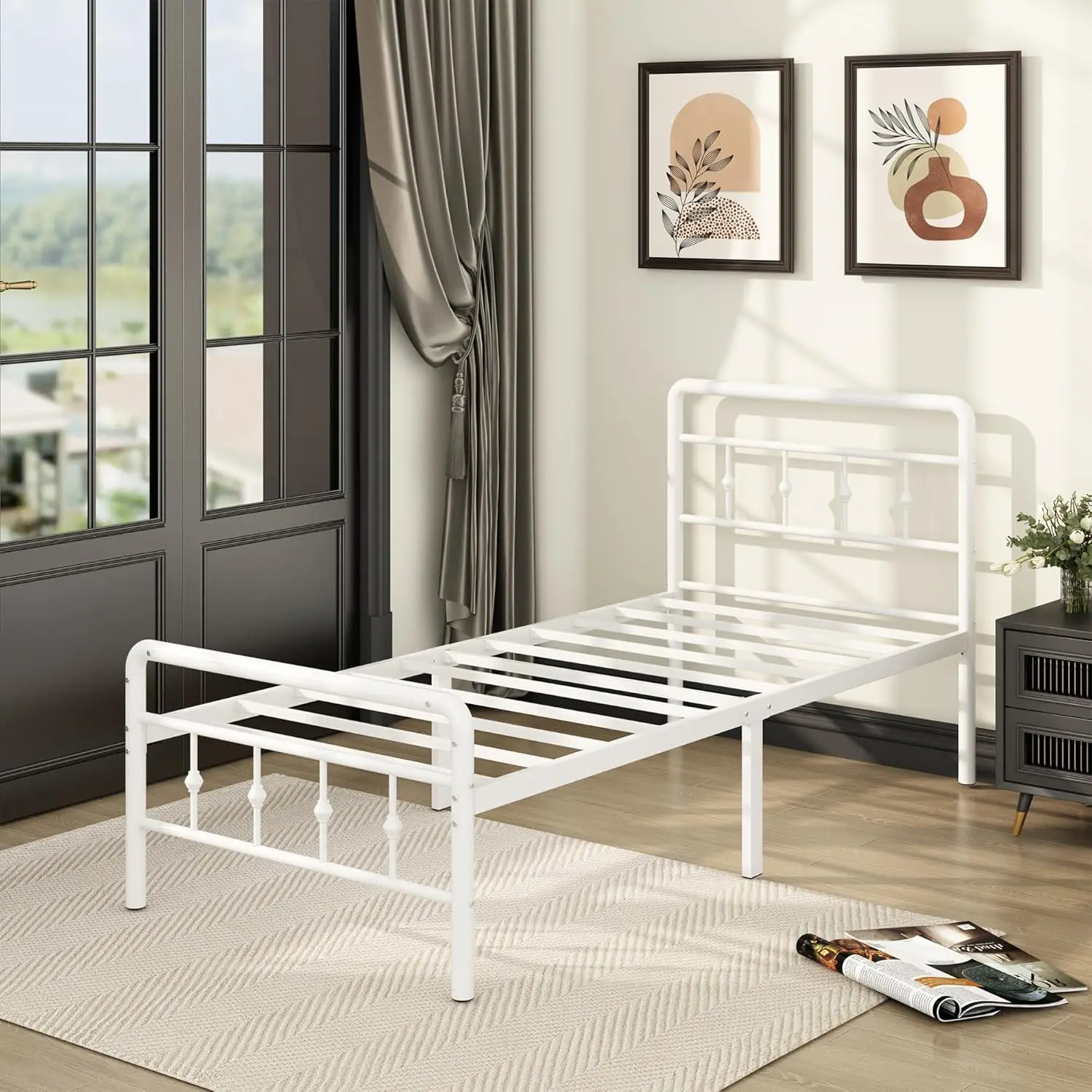 16 Inch White Twin Xl Bed Frames With Headboard And Footboard, Classic Metal Platform No Box Spring Needed Heavy Duty Victorian